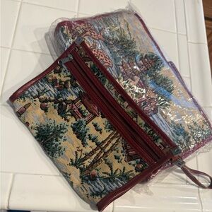 Vintage Tapestry Clutch Set with Burgundy Accents